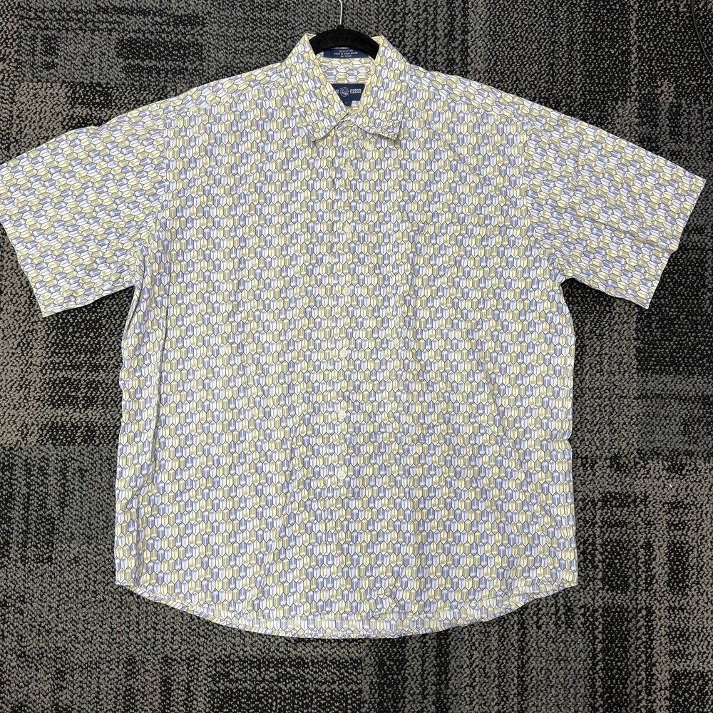 Alan Flusser Button Up SS Shirt Geometric Palm Tree Cotton Pocket Mens Large L